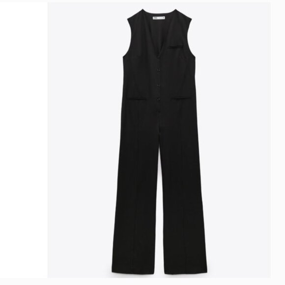 NWT ZARA WOMEN'S LONG V-NECK JUMPSUIT SLEEVELESS BLACK Pinstripe - Picture 5 of 8